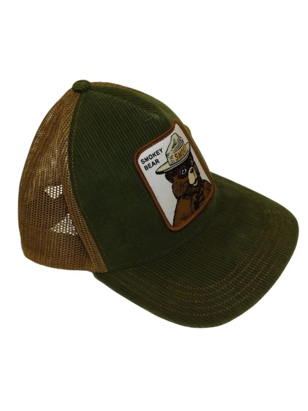 Smokey Bear Corduroy Mesh Trucker Hat Adjustable Forest Green & Tan Snapback